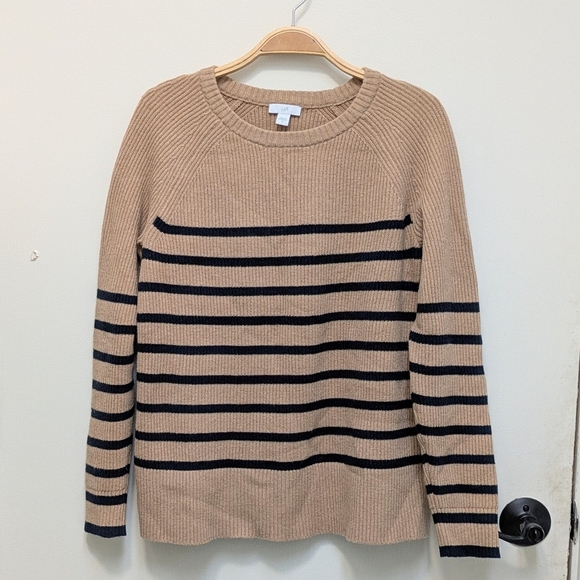 J. Jill Ribbed Striped Tan Navy Crewneck Pullover Sweater Medium - Picture 3 of 8